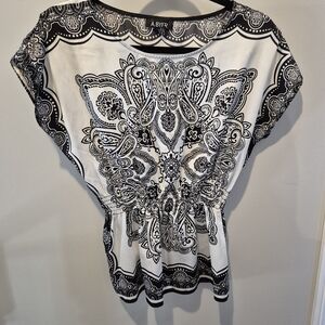 Black and White Paisley Cinched Waist Silky Blouse